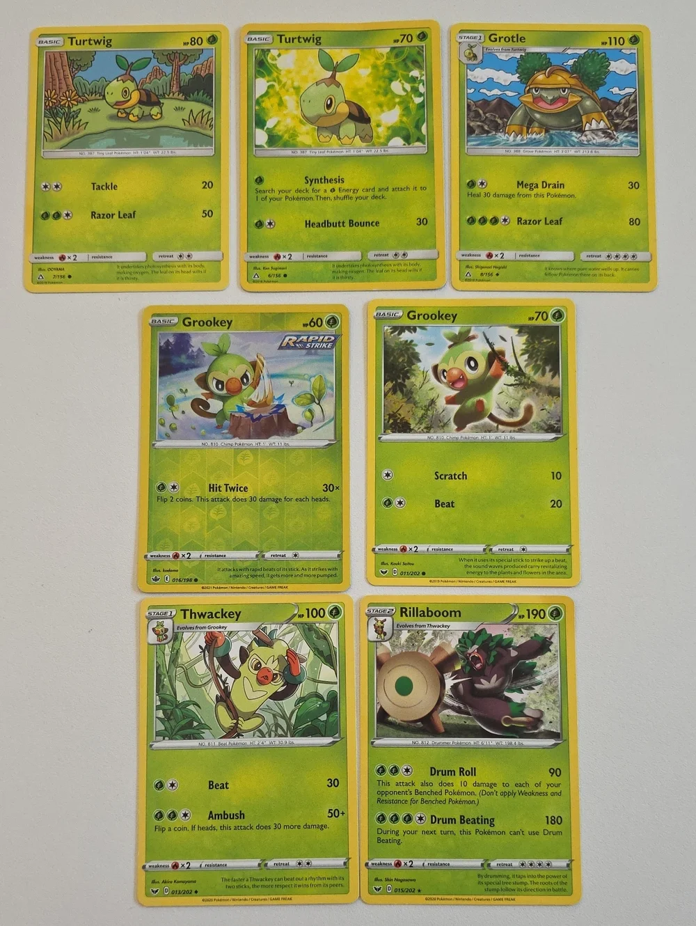 Pokemon Grookey, Thwacky, Turtwig, Rillaboom, And Grotle Card